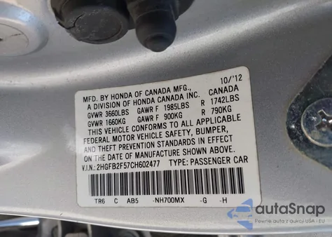 2012 Honda Civic Lx из США, поврежденный, VIN 2HGFB2F57CH602477